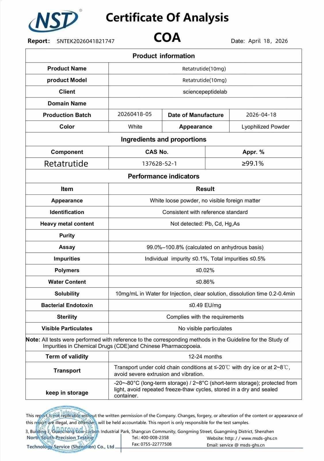 Retatrutide COA document